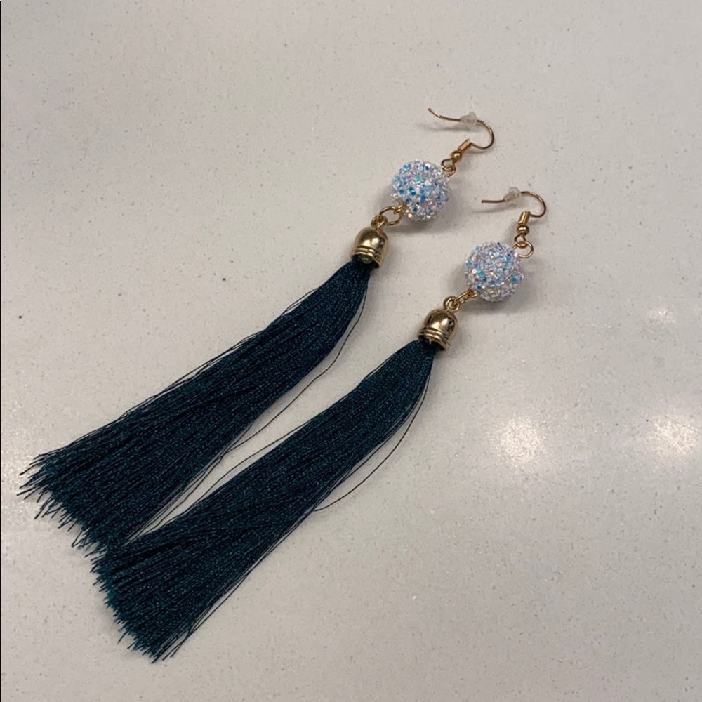 Tassel Drop Earrings with Sparkle Bead - Teal